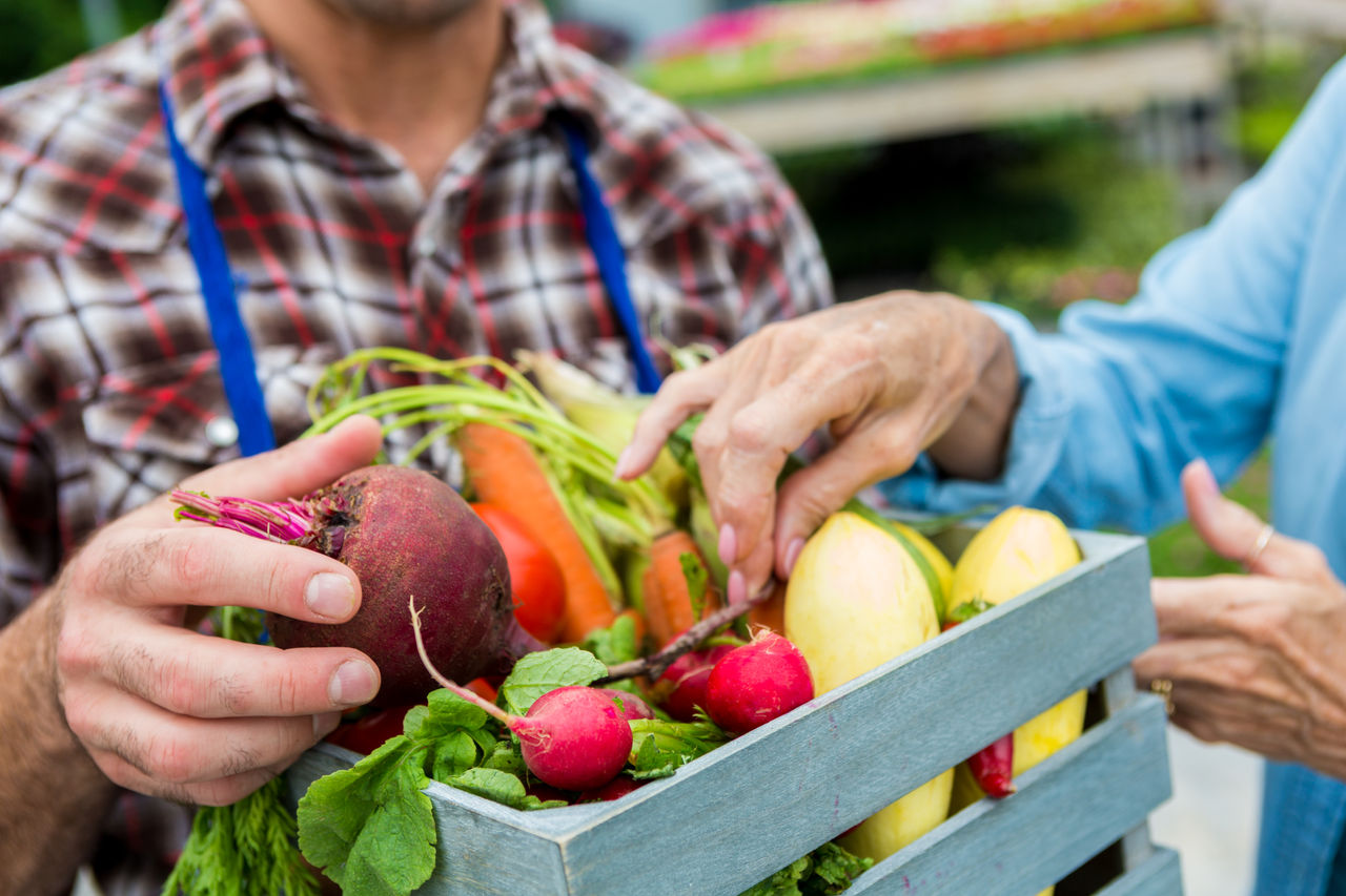 Hands selecting produce from a basket